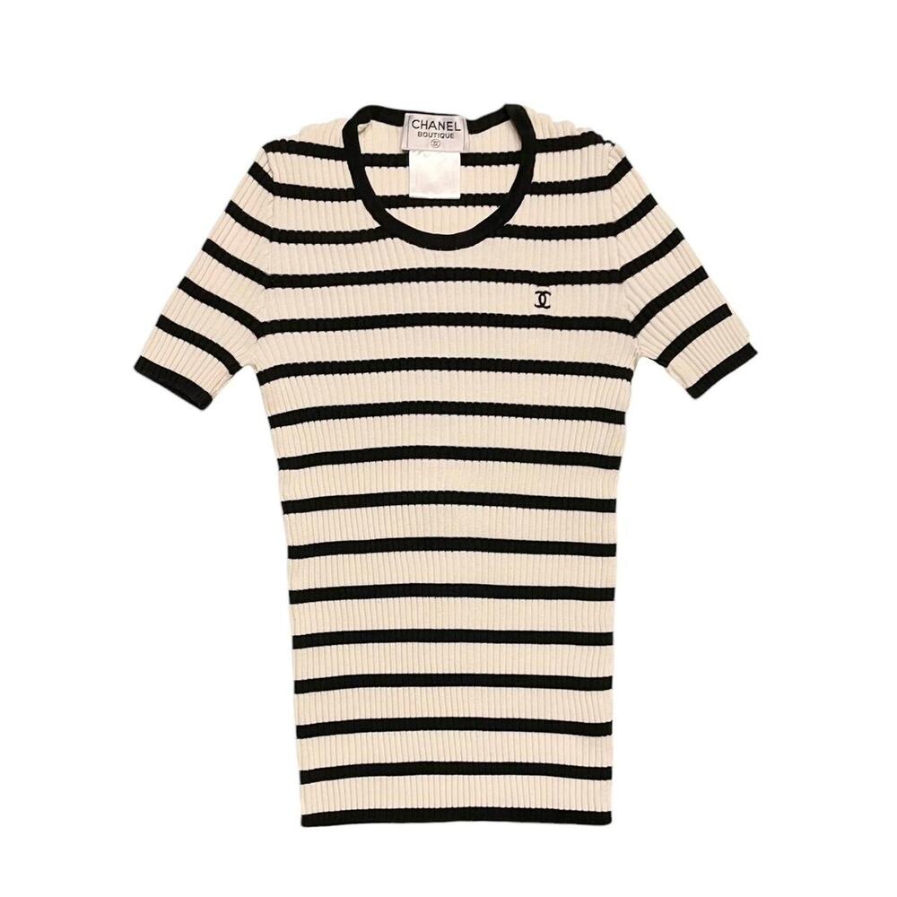 Vintage 1998 CHANEL Striped ribbed-knit short sleeve top Size 40